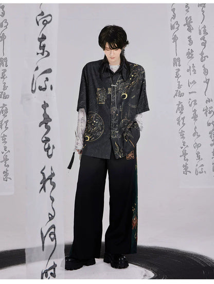 Bronze 青铜 - New Chinese Style Printed Shirt Wide Leg Pants Outfit