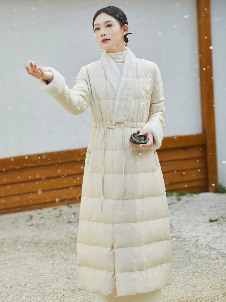 Han Shunning 寒霜吟 - Chinese Style Women Long Winter Coat, 90% White Duck Down, Lightweight Warm Hanfu Outerwear