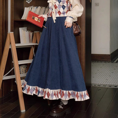 New Chinese Style Tencel Long Sleeve Top and Elastic Skirt with Pockets - Red Glaze 霁蓝红釉