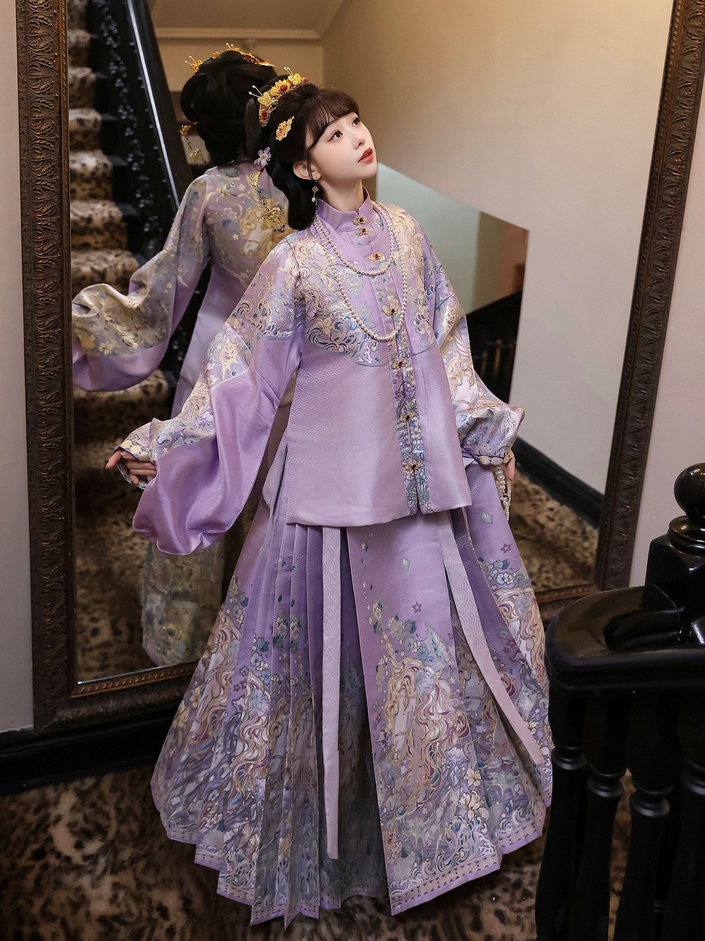 Ming Dynasty Pastel Violet Mint Green Pipa Sleeve Top & Mamian Skirt | Menghuan 梦幻