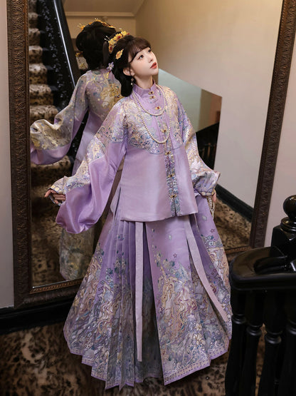 Ming Dynasty Pastel Violet Mint Green Pipa Sleeve Top & Mamian Skirt | Menghuan 梦幻