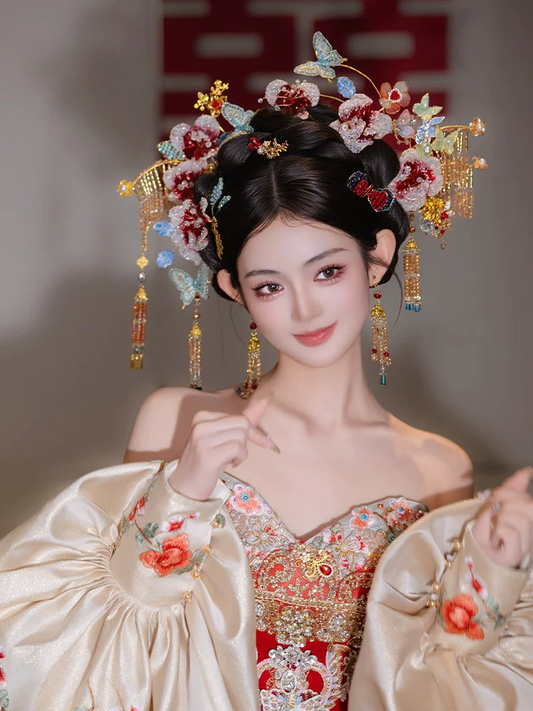 Spark of the Golden Orchid - Gradient Floral Bridal Hair Accessories Light Butterfly Headpiece for Chinese Wedding