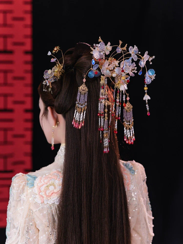 Crystal Butterfly Mist - Light Floral Bridal Hairpin Tassel Chinese Wedding Headpiece for Hanfu and Xiuhe Bride