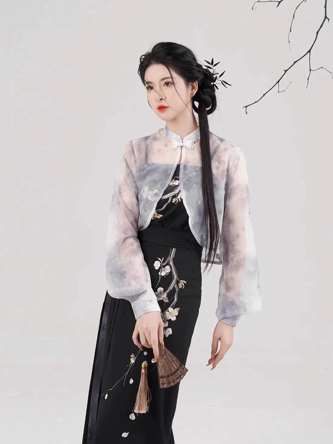 Song Dynasty Modern Hanfu Set with Spiral Skirt - Night Plum Window 暗梅窗夜 (Preorder)