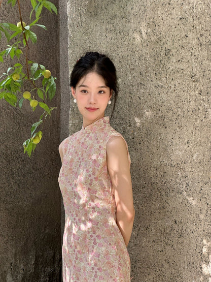 Sleeveless Cotton Retro Floral Long Cheongsam | Buji