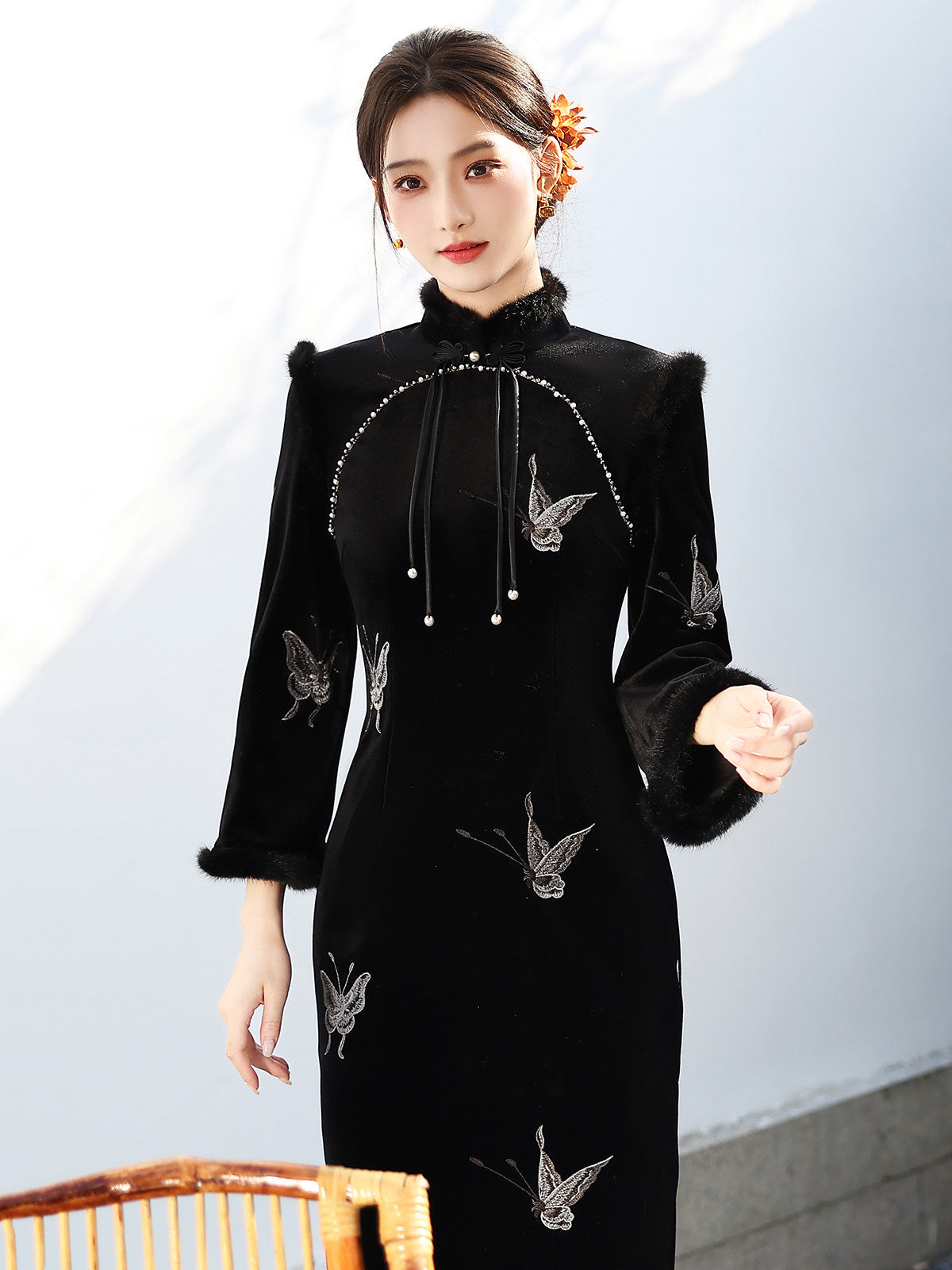 Long Sleeve Fur Trim Midi Qipao | Sliver Butterfly