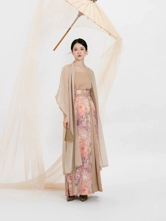 Song Dynasty Modern Hanfu Set with Changgan Temple Beizi and Three Pleat Skirt - Xuhuashi 叙花时 (Preorder)