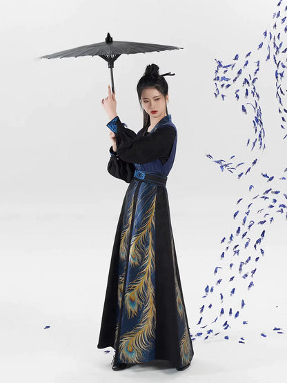 Tang Dynasty Modern Hanfu Set with Beizi Overlay & Flowing Eight-Panel Skirt - Yinzhu 飒翎银竹 (Preorder)