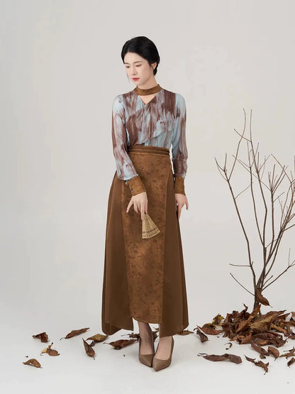 New Chinese Style Women Long Sleeve Top & Asymmetrical Hanfu Inspired Skirt - Luotong Pass 洛潼关 (Preorder)