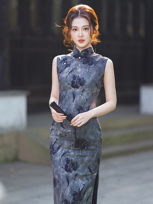 Nightshade sleeveless floral midi cheongsam qipao — detail view