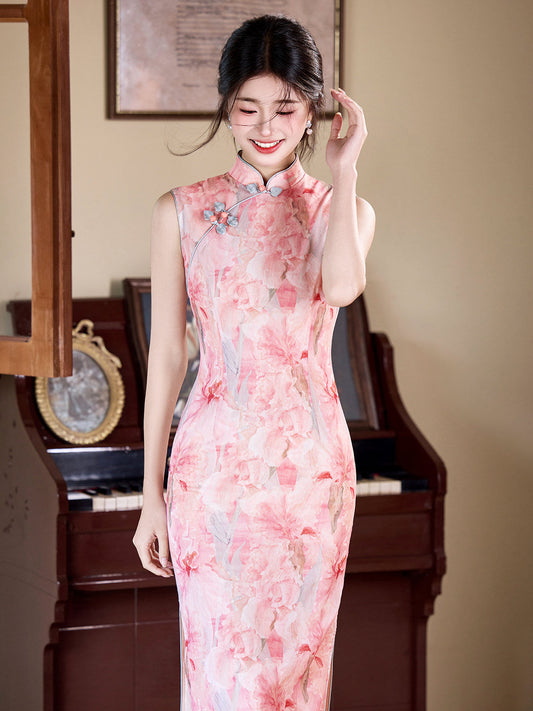 Bloom sleeveless floral midi cheongsam qipao — detail view