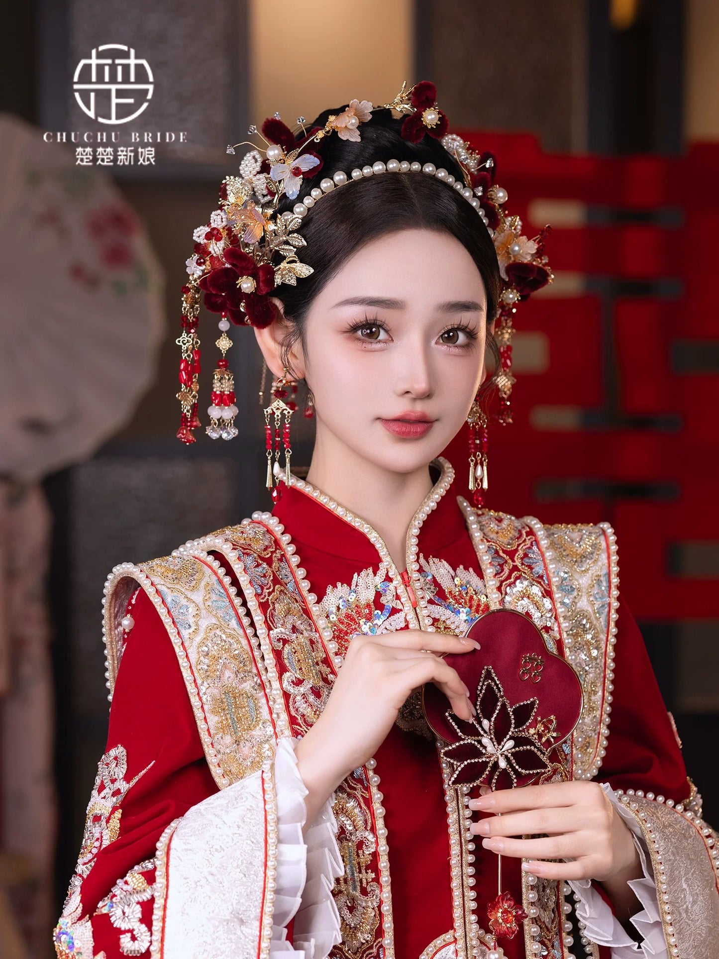 Pearl Halo - Classic Hanfu Bridal Crown with Red Velvet Flowers & Tassel Hairpin Wedding Headpiece
