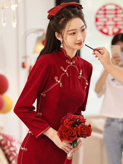 Chinese Wedding Engagement & Tea Ceremony Long Sleeve Cheongsam | Lovely Rose