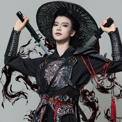 Burning Night 焚夜 - Red and Black Cross-Collar Hanfu Set, Wuxia Style Warrior Robe with Literary & Martial Sleeves (Preorder)