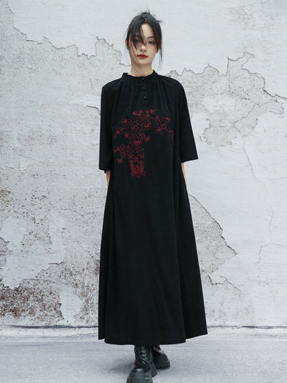 New Chinese Style Embroidered Loose Black Dress - Denglei 灯芯