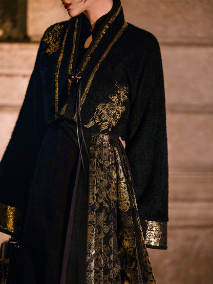 Ming Dynasty Modern Hanfu Black Gold Thread Embroidered Mamian Skirt & Crop Jacket | Niannian 年年