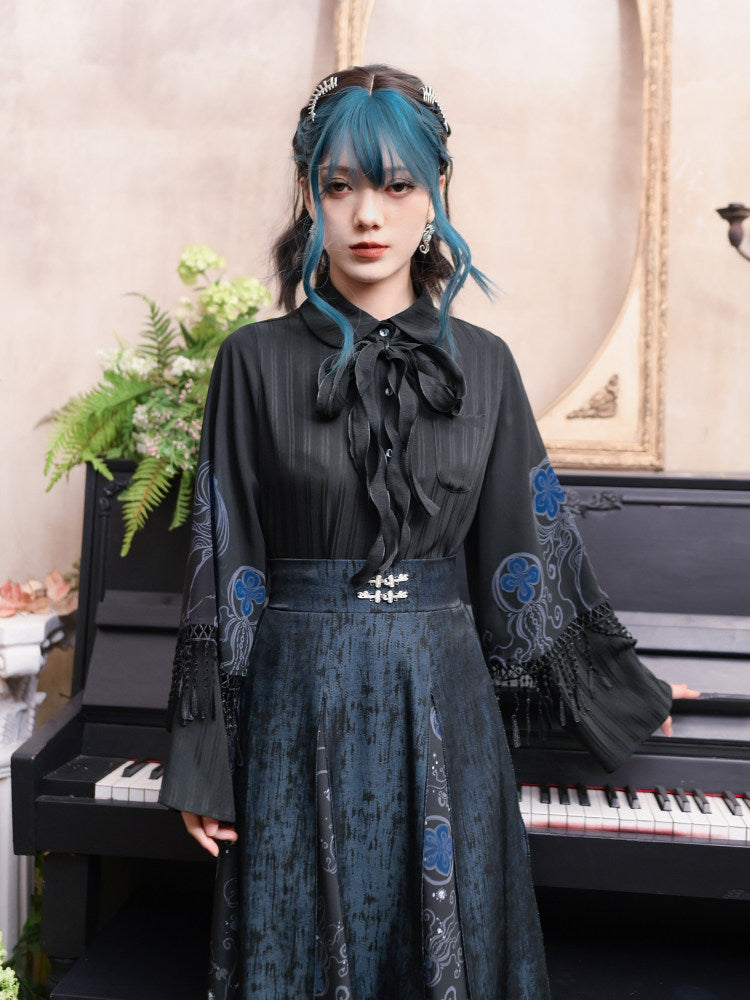 New Chinese Style Double Sleeve Design Top - Blue Tears 蓝眼泪