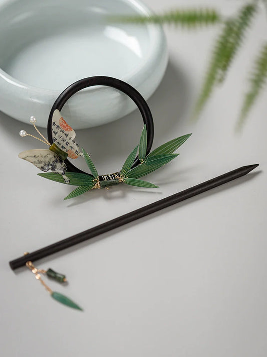 Back Hair Pin: Sandalwood Deep Bamboo - carved sandalwood hanfu hair accessory, detail view