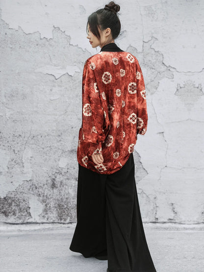 New Chinese Style Autumn Orange Red Print Loose Bat Sleeve Velvet Jacket