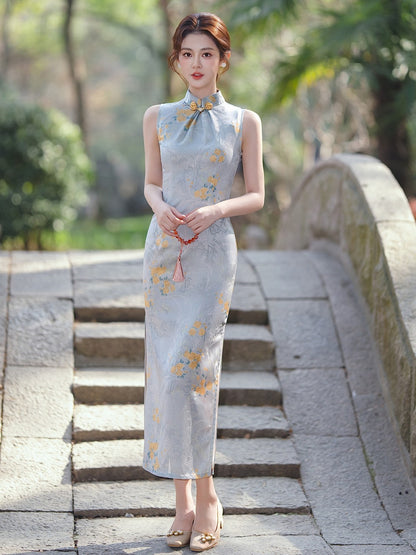 Sleeveless Floral Long Cheongsam | Skies