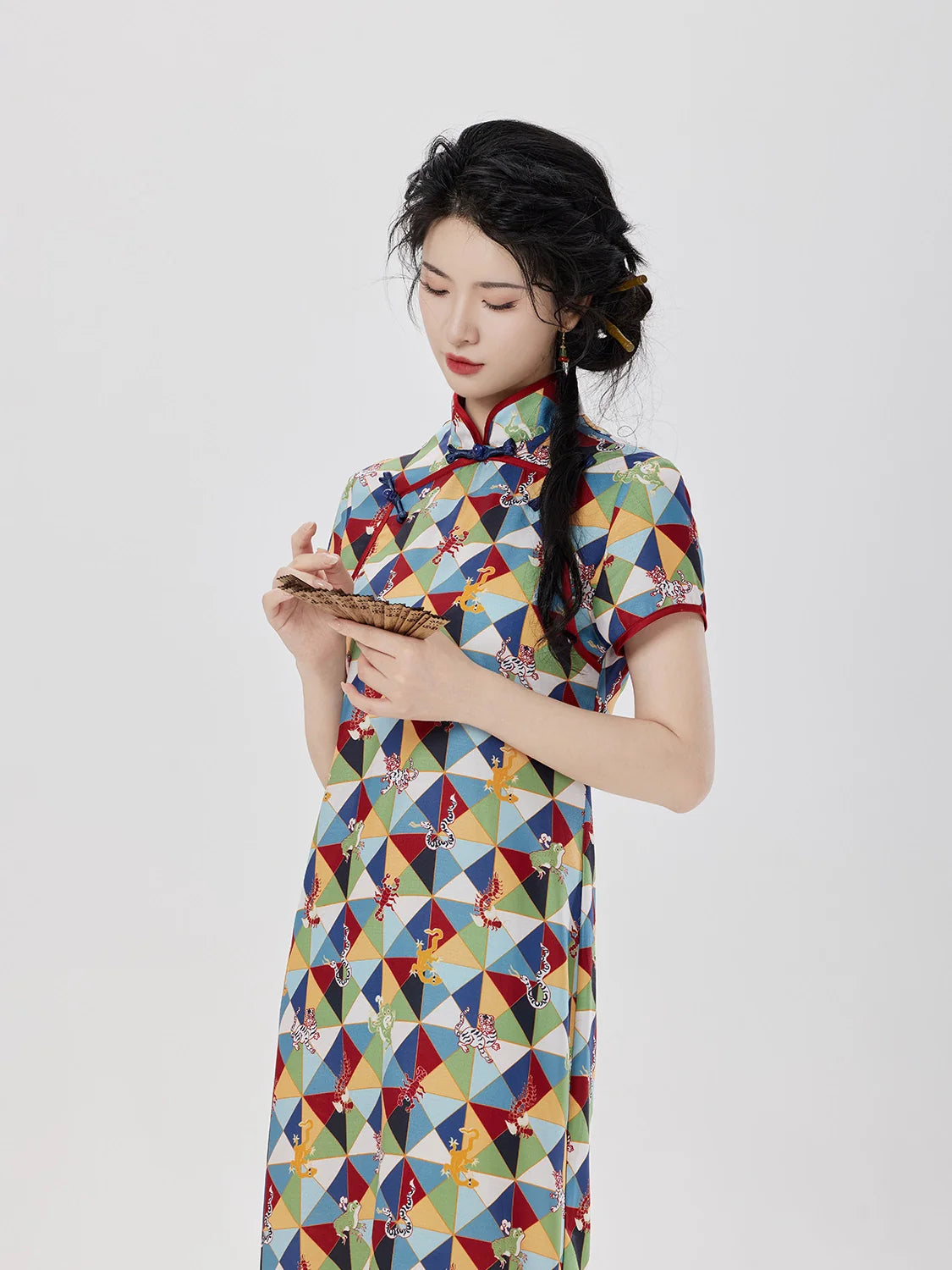 New Chinese Style Short Sleeve Midi Cheongsam Dress - Five Poisons 五毒图 (Preorder)