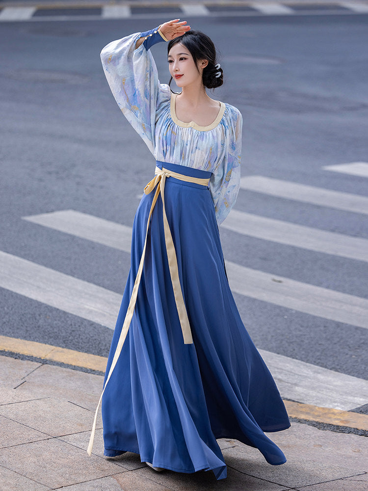 Tang Dynasty Modern Hanfu Heart Collar Top and Wrap Skirt - Van Gogh Sea 梵高的海国 (Preorder)