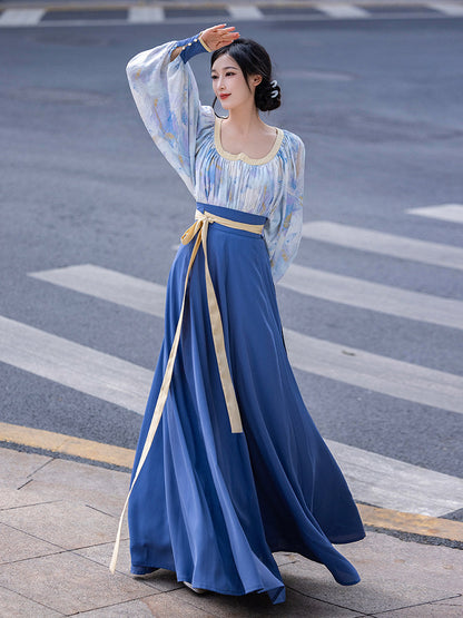 Tang Dynasty Modern Hanfu Heart Collar Top and Wrap Skirt - Van Gogh Sea 梵高的海国 (Preorder)