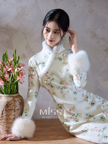 Long Sleeve Fur Trim Midi Qipao | Butterfly Bamboo
