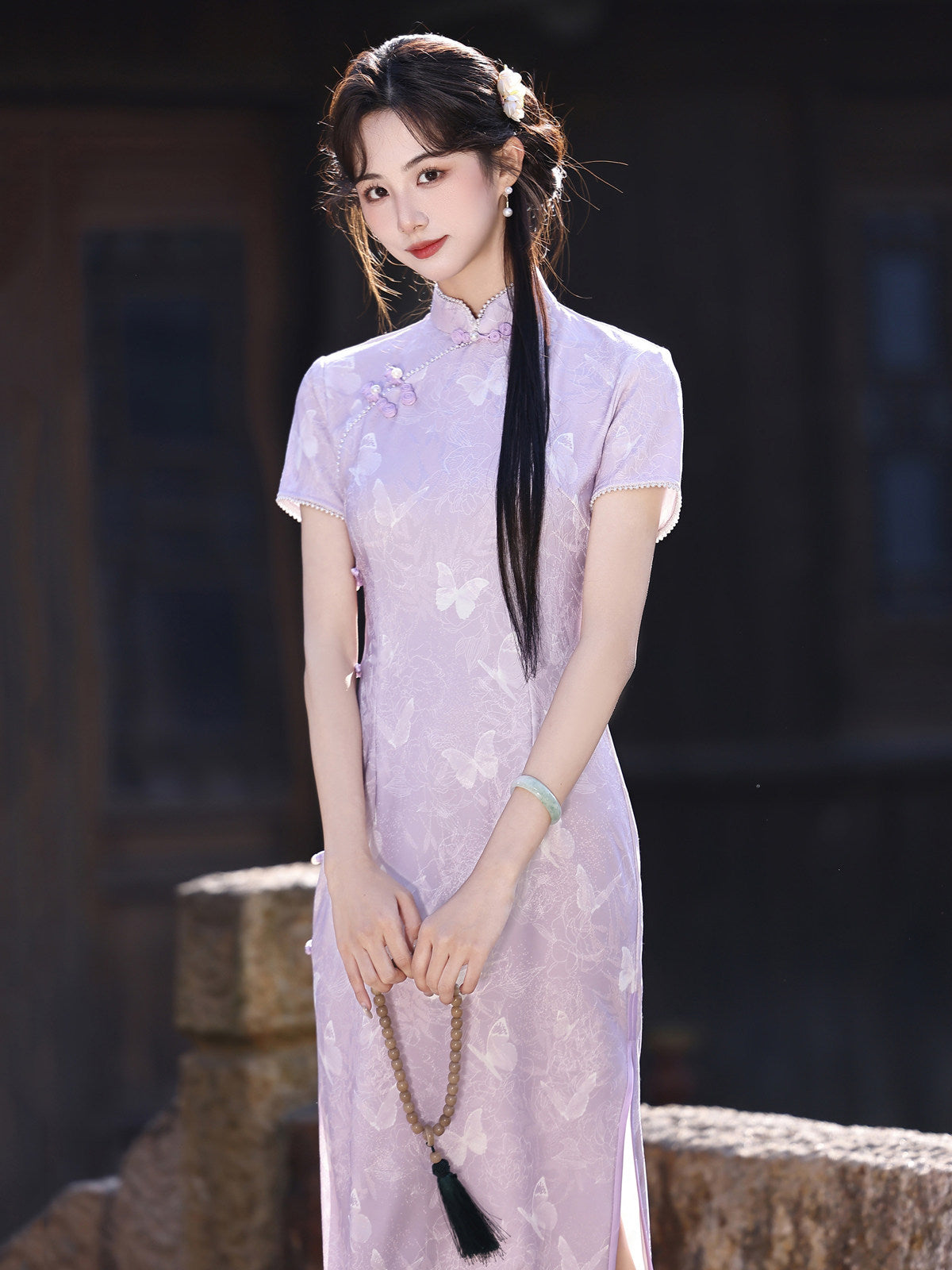 Short Sleeve Butterflies Midi Cheongsam | Lilac