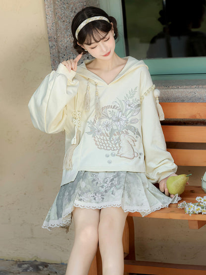Ming Dynasty Modern Hanfu Hooded Crop Top and Short Mamian Skirt - Morning Garden 清晨花园