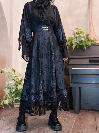 New Chinese Style Multi Layered Strappy Skirt - Blue Tears 蓝眼泪