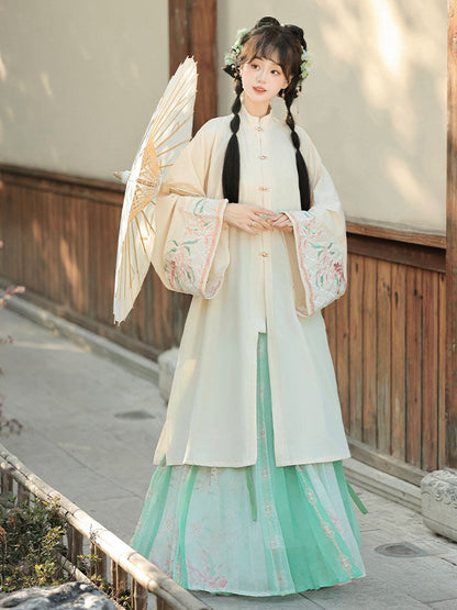 Ming Dynasty Bijia Vest & Printed Pleated Skirt | Moon and Evening Flowers 月夕花晨