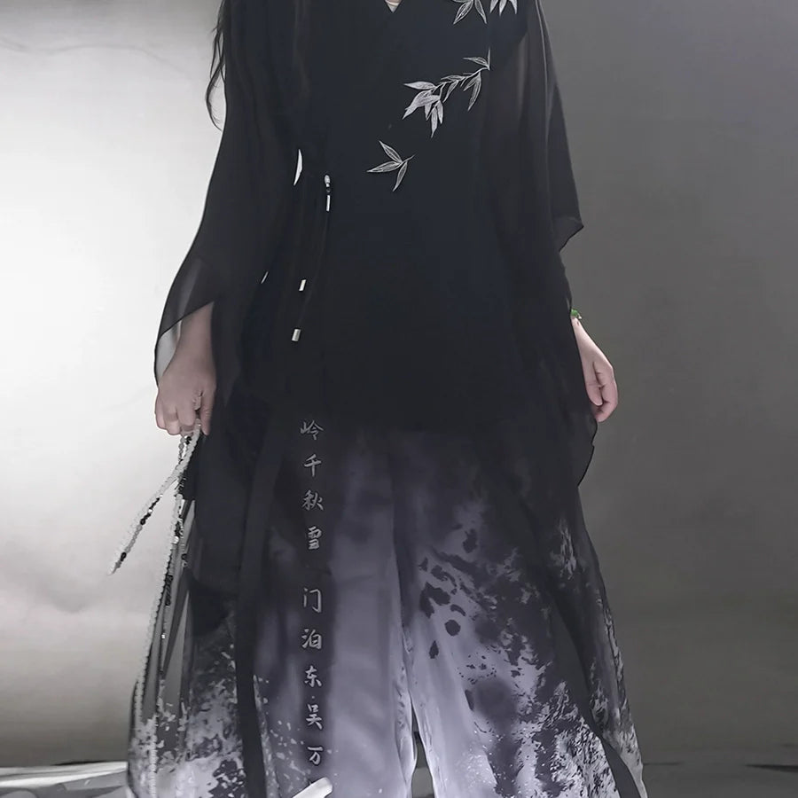 Whispering Bamboo 竹叶 - Unisex Cotton-Linen Cross-Collar Short-Sleeve Hanfu, Summer Zen Casual Chinese Robe (Preorder)