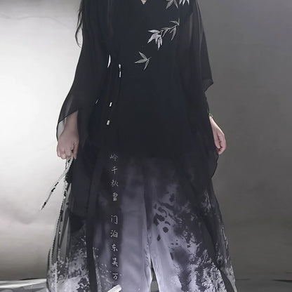 Whispering Bamboo 竹叶 - Unisex Cotton-Linen Cross-Collar Short-Sleeve Hanfu, Summer Zen Casual Chinese Robe (Preorder)