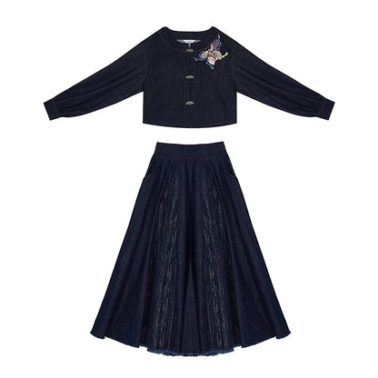 Tang Dynasty Modern Denim Hanfu Round Collar Jacket and Eight Panel Skirt - Canglan 苍岚 (Preorder)