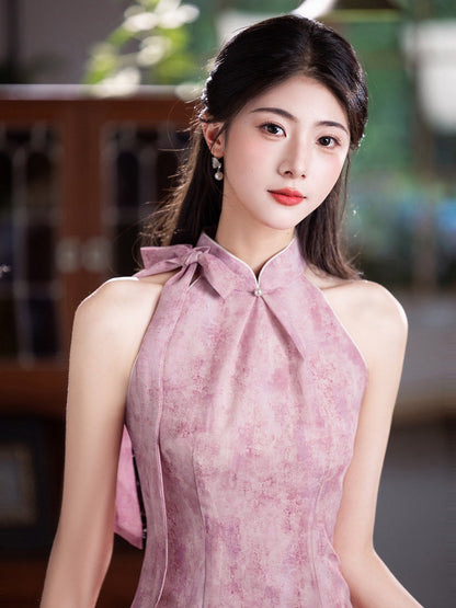 Sleeveless Halter Neck Midi Cheongsam | Ribbons