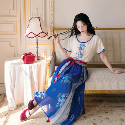 Tang Dynasty Modern Hanfu Skirt with Round Neck Top - Flying Underneath Moon 月下飞花