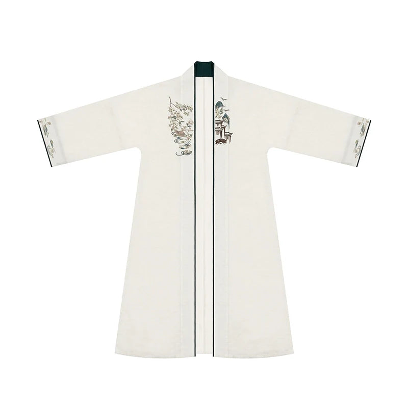Song Dynasty Modern Hanfu Set with Long Sleeve Cardigan and Pleated Skirt - Bamboo Boat 乌篷船 (Preorder)