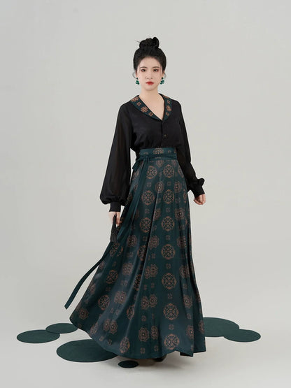 Tang Dynasty Modern Hanfu Set with Flowing Nine-Panel Skirt - Cuiying 翠映 (Preorder)