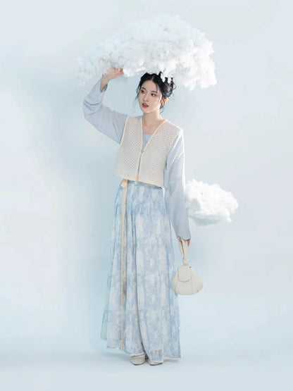 Tang Dynasty Modern Hanfu Set with Beizi Overlay & Pleated Wrap Skirt - Little Blue Flower 小蓝花 (Preorder)