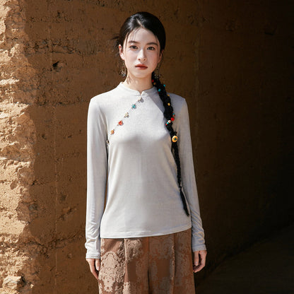 New Chinese Style Women Satin Shimmer Top - Ruoyan 若烟