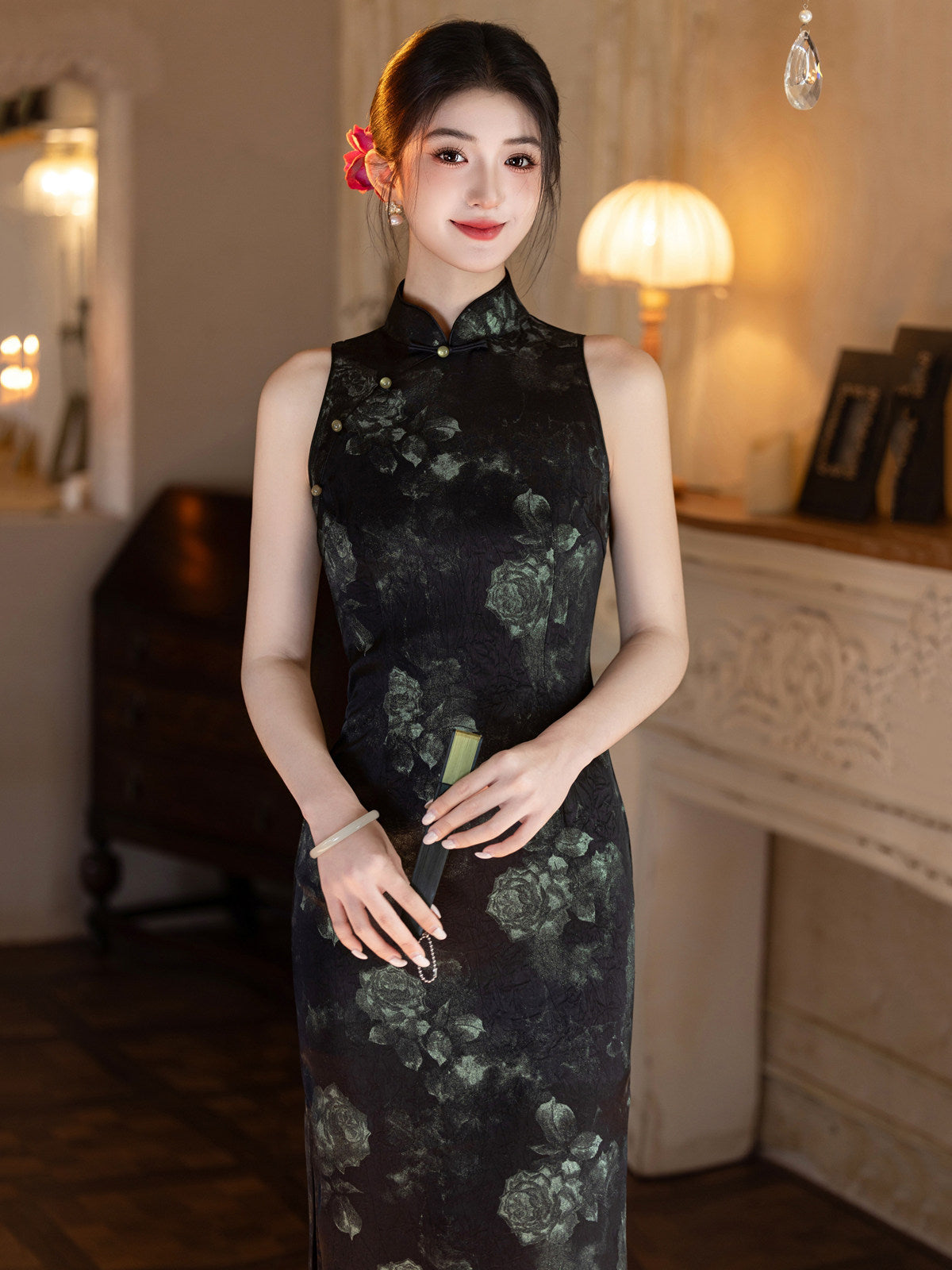 Sleeveless Floral Midi Cheongsam | Night Flowers