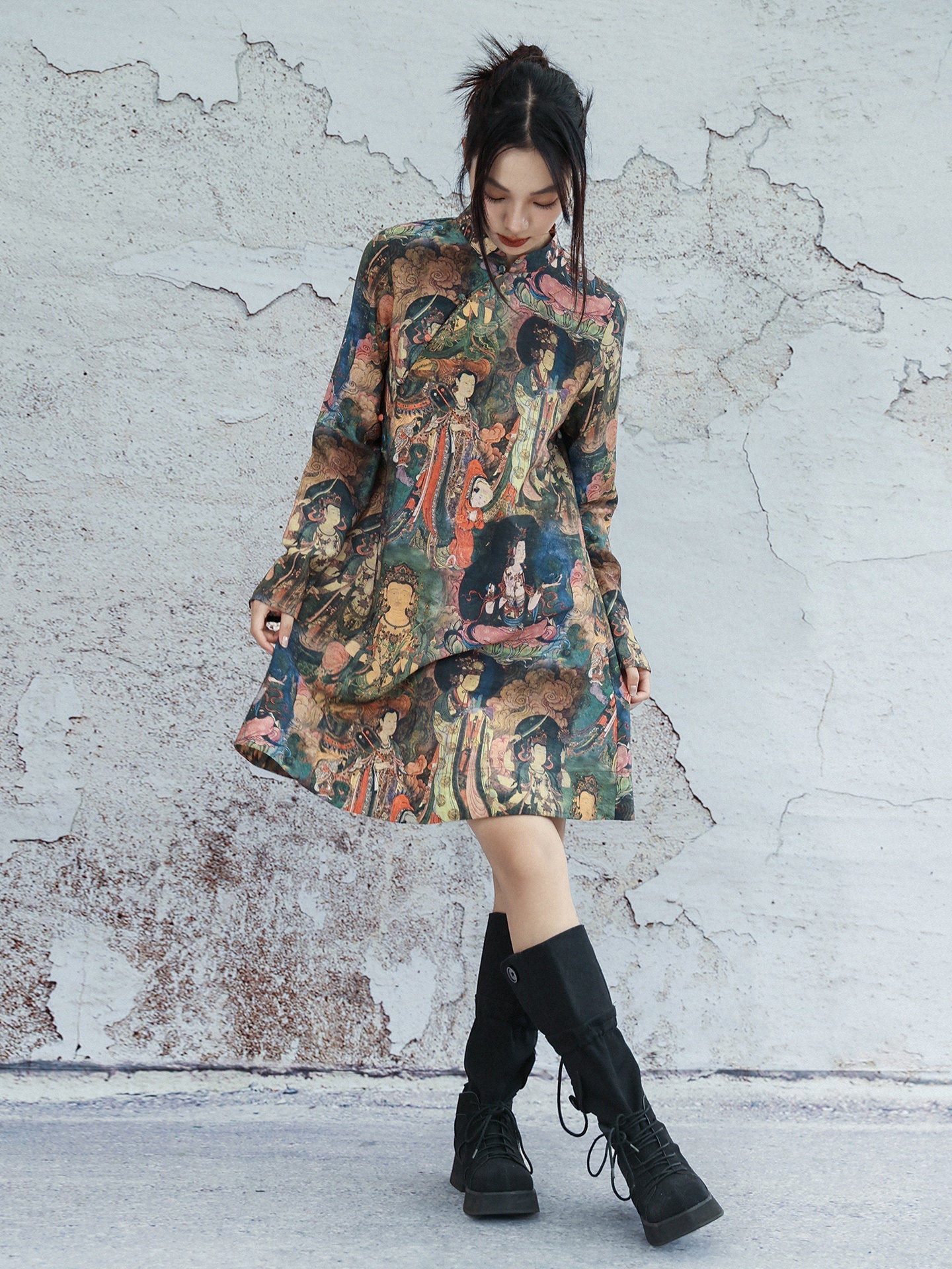 New Chinese Style Dunhuang Mural Prints Long Sleeve Cheongsam Dress