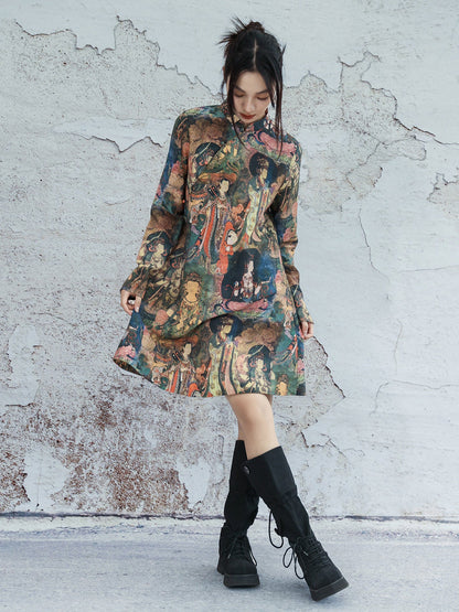 New Chinese Style Dunhuang Mural Prints Long Sleeve Cheongsam Dress