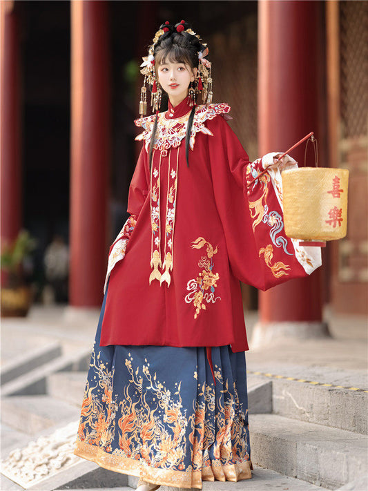 Ming Dynasty Koi Embroidered Flower Wedding Hanfu with Printed Mamianqun | Koi 锦鲤