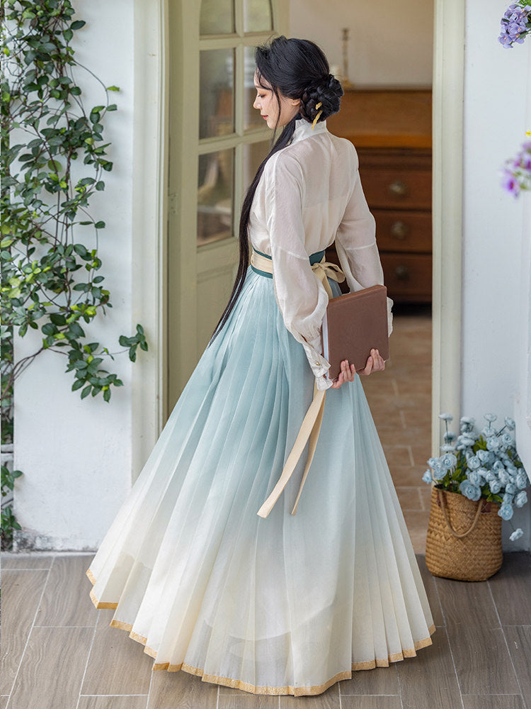 New Chinese Style Long Sleeve Top and Gradient Embroidered Mamianqun Set - Pear Blossom Song 梨花曲
