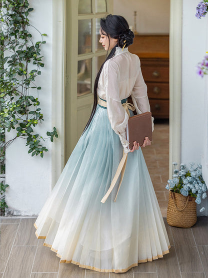 New Chinese Style Long Sleeve Top and Gradient Embroidered Mamianqun Set - Pear Blossom Song 梨花曲