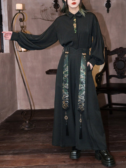 New Chinese Style Gold Snake Pattern Wide Leg Pants - Shengqing 升卿
