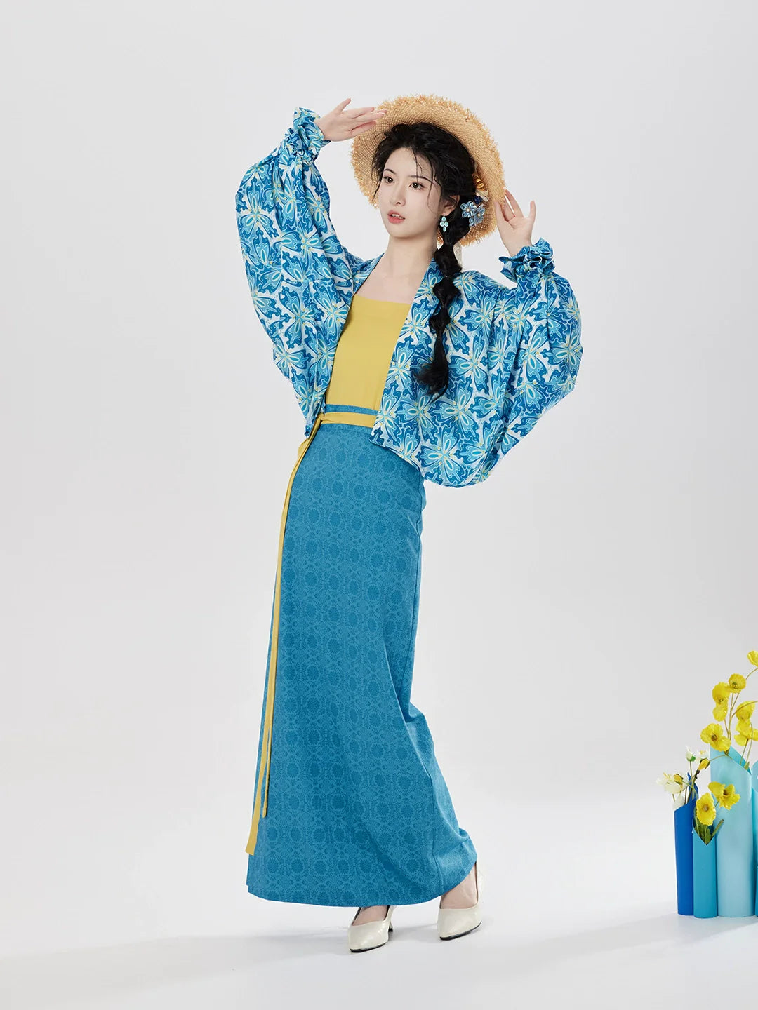 Song Dynasty Modern Hanfu Set with Famen Temple Beizi and Spiral Skirt - Coconut Wind Forest 椰风林 (Preorder)