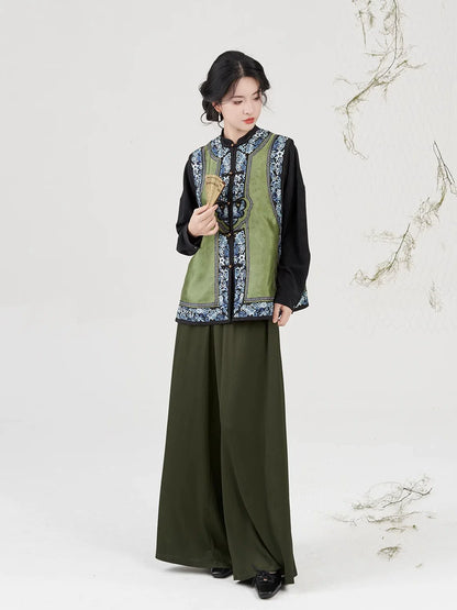 Modern Qing Han Inspired Embroidered Collarless Jacquard Vest - Porcelain 茗瓷 (Preorder)